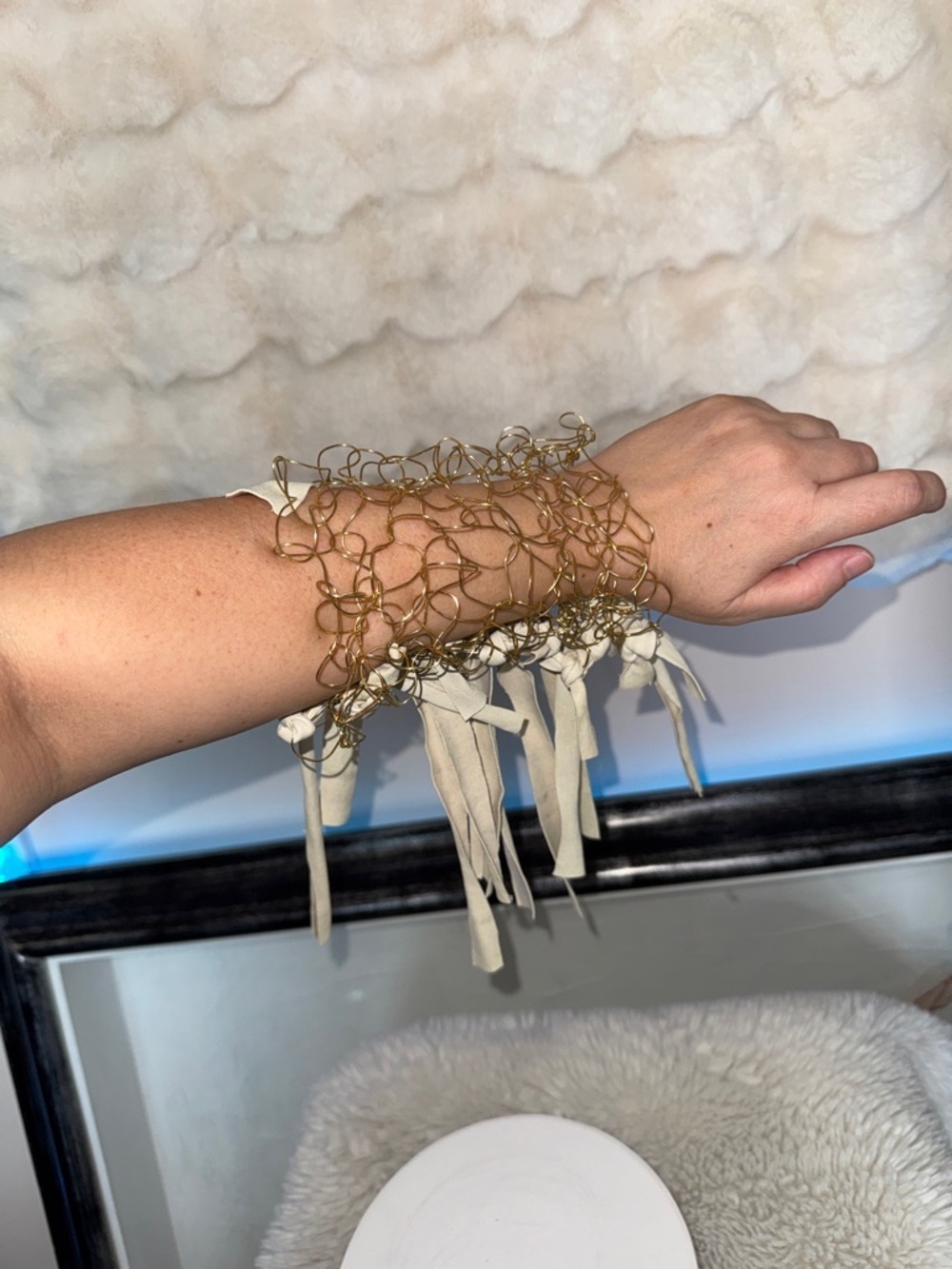 Gold toned knitted Fringe Wrap Bracelet with lambskin  Tassels gladiator design